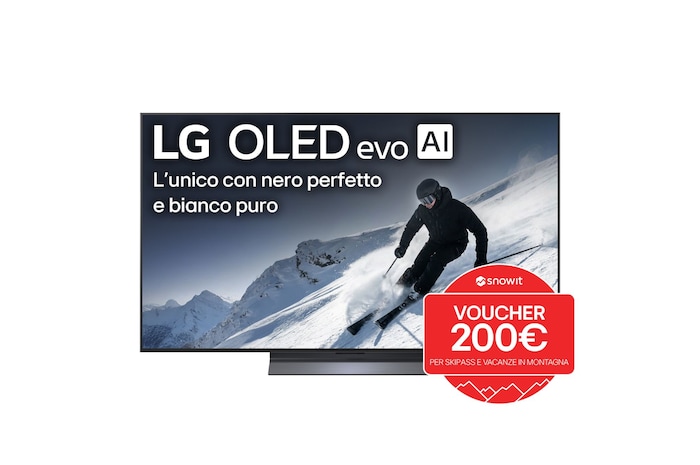 Vista frontale di una TV 83 pollici LG OLED evo AI C5 4K Smart TV 2025 OLED83C5ELA, con bollo promozione
